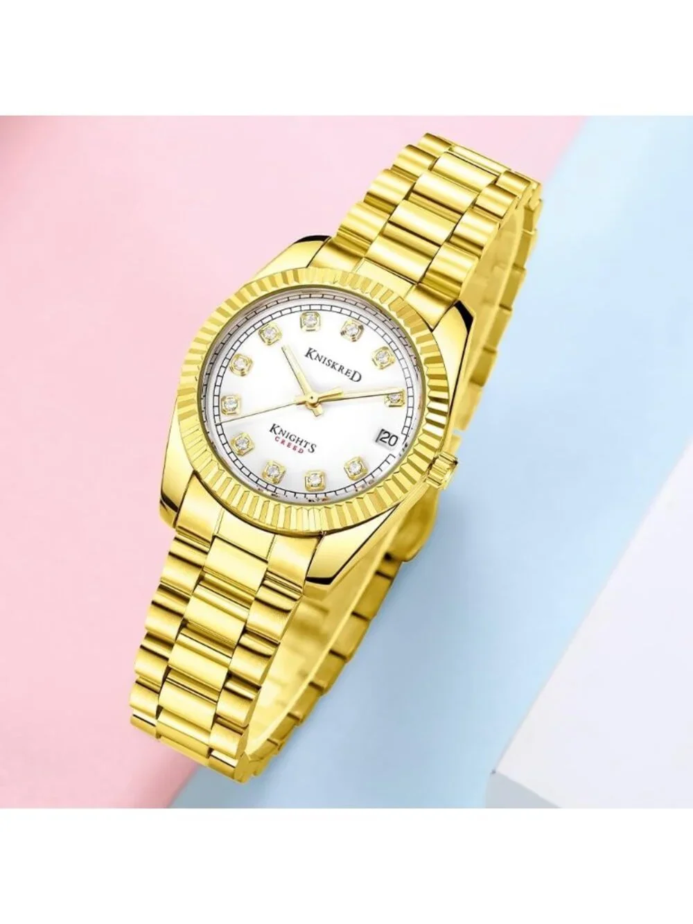 Women's Gold White Crystal Accented Dial Solid Stainless Steel Band Wrist Watch
